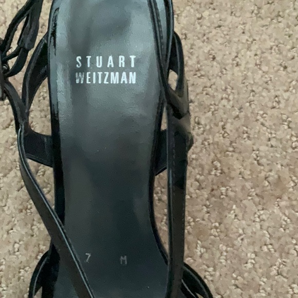 Stuart Weitzman Black Patent Stacked Heel Sandals Sz 7 - Picture 3 of 4
